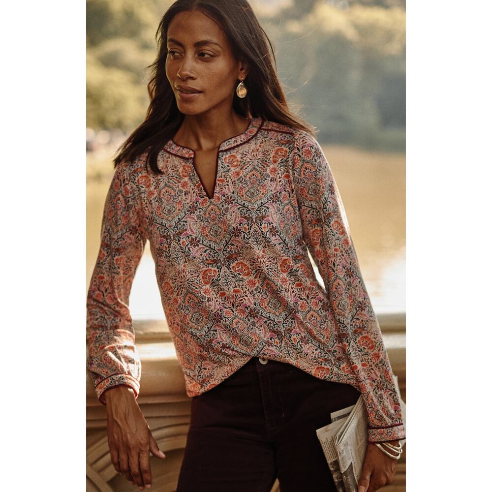 J.Jill White Pink Velvet Trim Floral Print Popover Long Sleeve Top Boho Small